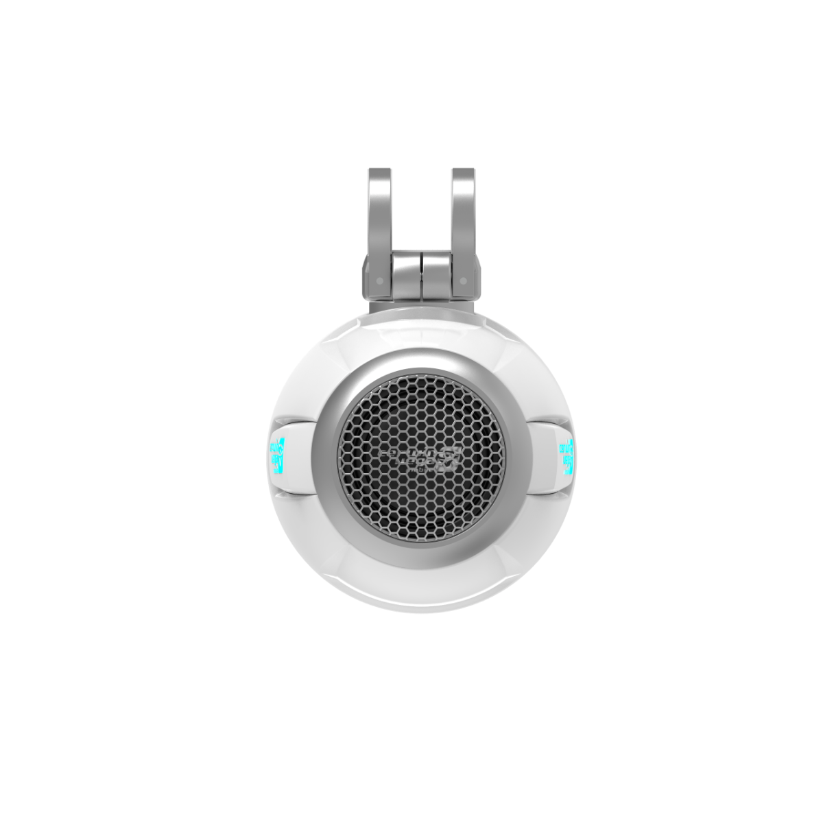 The RPM Stroker 2-Way 6.5" Pod Speaker System (SH65F4W) features a futuristic white spherical design with a central black grille, metallic hinges on top, and blue side accents, set against a solid black background.