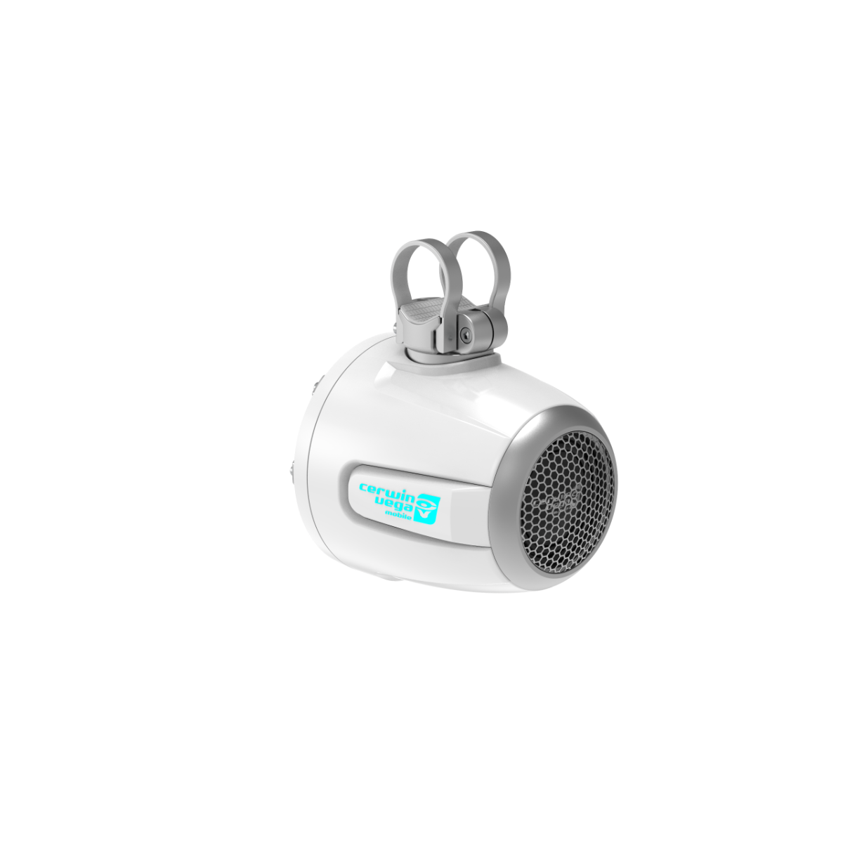 Meet the RPM Stroker 2-Way 6.5" Pod Speaker System in white, featuring a sleek cylindrical design with a metallic mesh grille. This portable wireless speaker boasts a small digital display with turquoise text and logo, and includes two flexible straps for easy hanging or carrying on adventures.