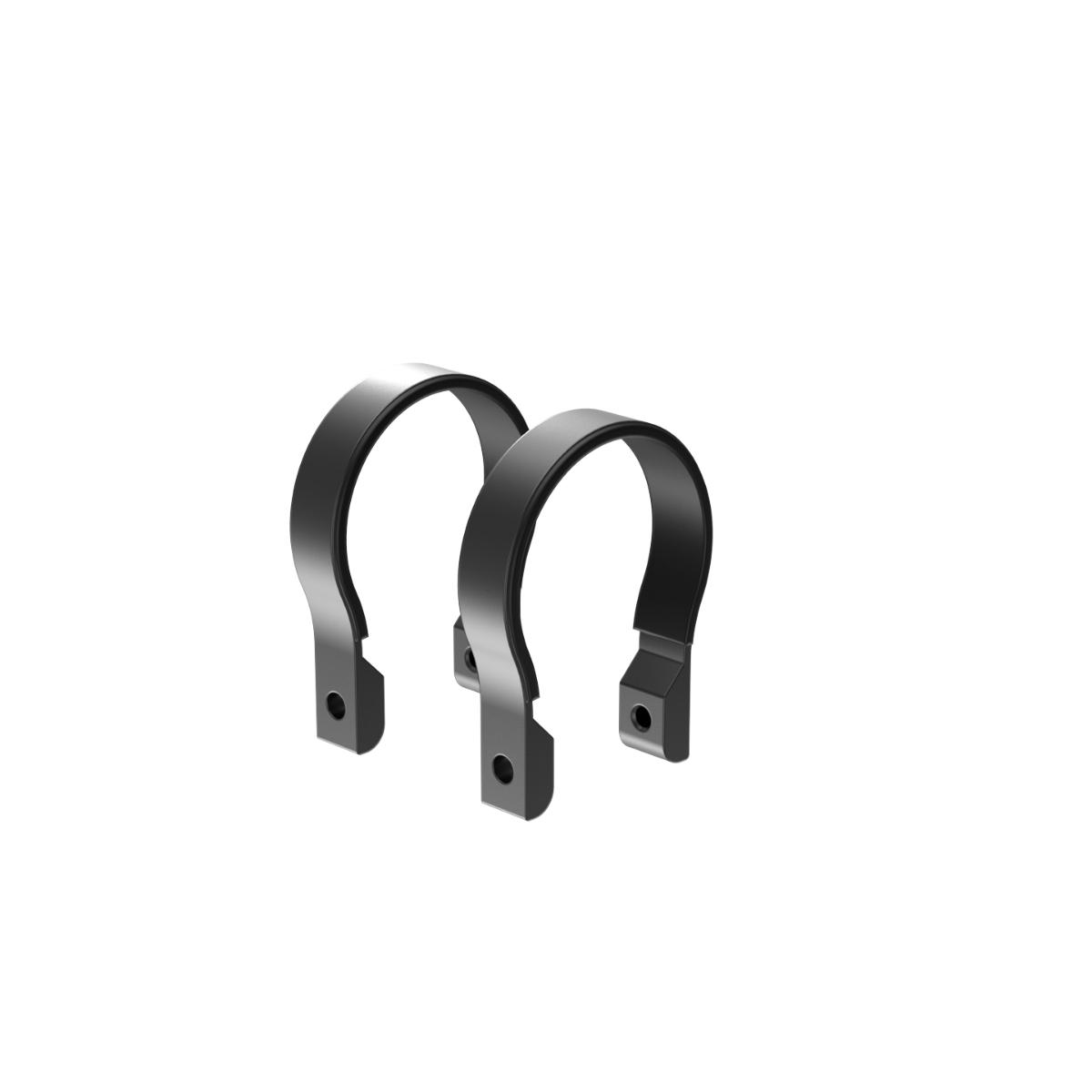 Positioned side by side against a white background, two sleek, black metal brackets with small mounting holes appear to be 3.25" Clamp Rings (model: CL325B), designed for securing cylindrical objects and likely have UV-resistant features.