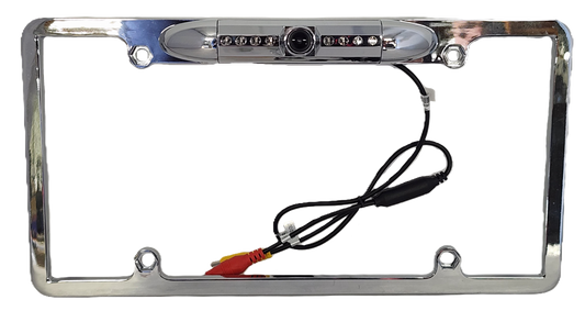 The Chrome HD License Plate Frame with Backup Camera - CLF1C features an embedded camera and is enhanced with six infrared LEDs. It includes a black cable with red and yellow connectors for video and power, and the chrome frame has four mounting holes.