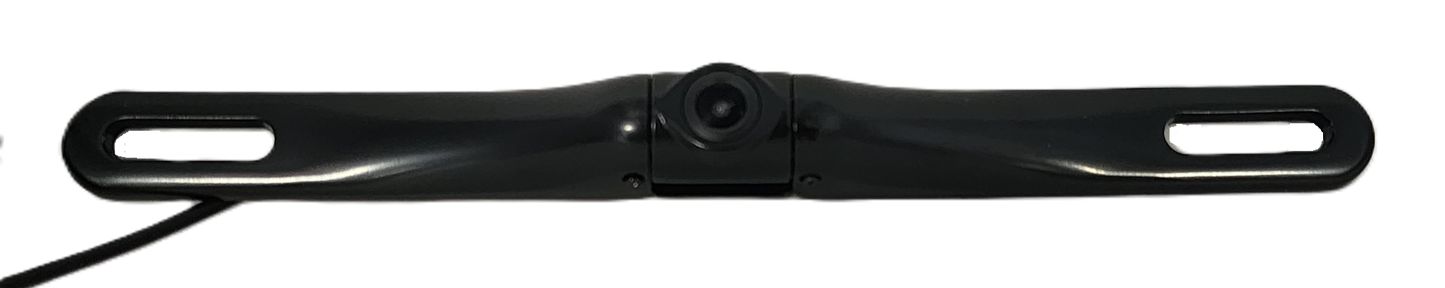 The Black HD Slim License Plate Backup Camera is elegantly mounted on a bracket with two elongated holes, featuring a sleek black design and central lens that connects via cable to enhance vehicle safety when backing up.