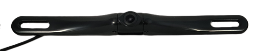 The Black HD Slim License Plate Backup Camera is elegantly mounted on a bracket with two elongated holes, featuring a sleek black design and central lens that connects via cable to enhance vehicle safety when backing up.