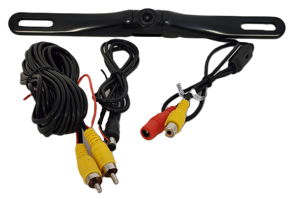 A Black HD Slim License Plate Backup Camera with a mount is shown with two cable sets featuring yellow, red, and black connectors for audio/video output. The vehicle safety camera, centered with long side brackets, lies next to the HD license plate frame.