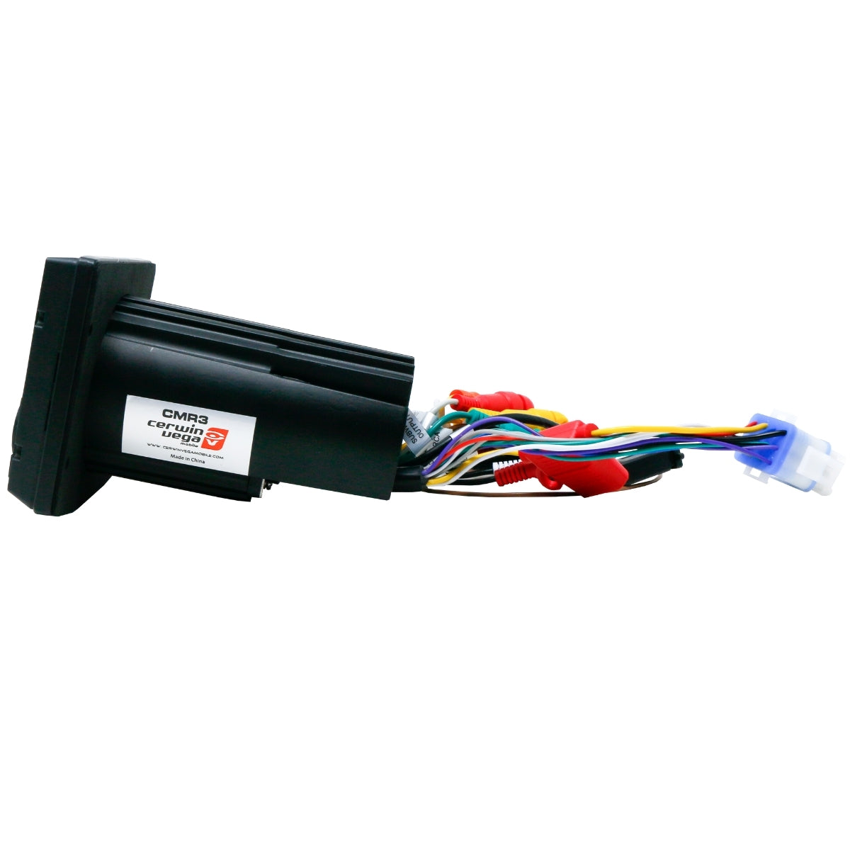 The CMR3 label on this rectangular device and its attached multicolored wires with various connectors indicate it's a component of the RPM Series All-Weather Audio Player/Receiver.