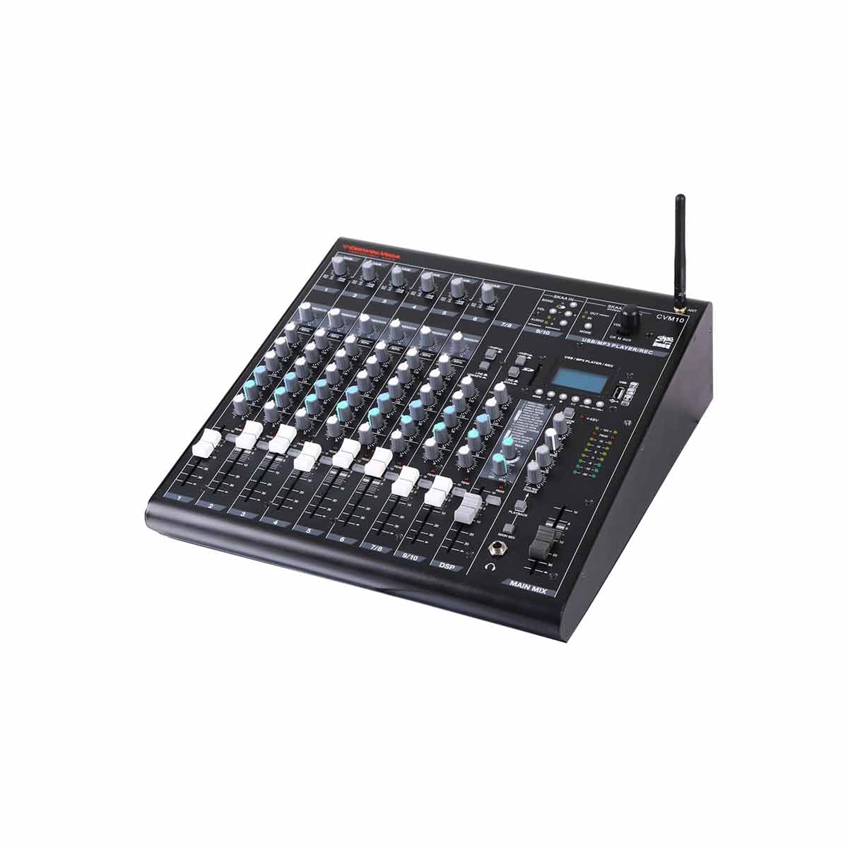 The 10 CHANNEL MIXER W/BT & SKAA-CVM10, in black, features a multi-channel setup with rows of knobs, sliders, buttons, input jacks, a digital display, and an antenna on the right. It offers Bluetooth for versatility and angles slightly to showcase its complex control surface.