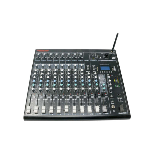 The 12 CHANNEL MIXER W/BT & SKAA-CVM12, a sleek black mixer with knobs, sliders, and buttons, offers Bluetooth connectivity and SKAA Pro Technology. It features an antenna, digital screen, and LEDs for monitoring. Input/output ports are neatly aligned in rows.