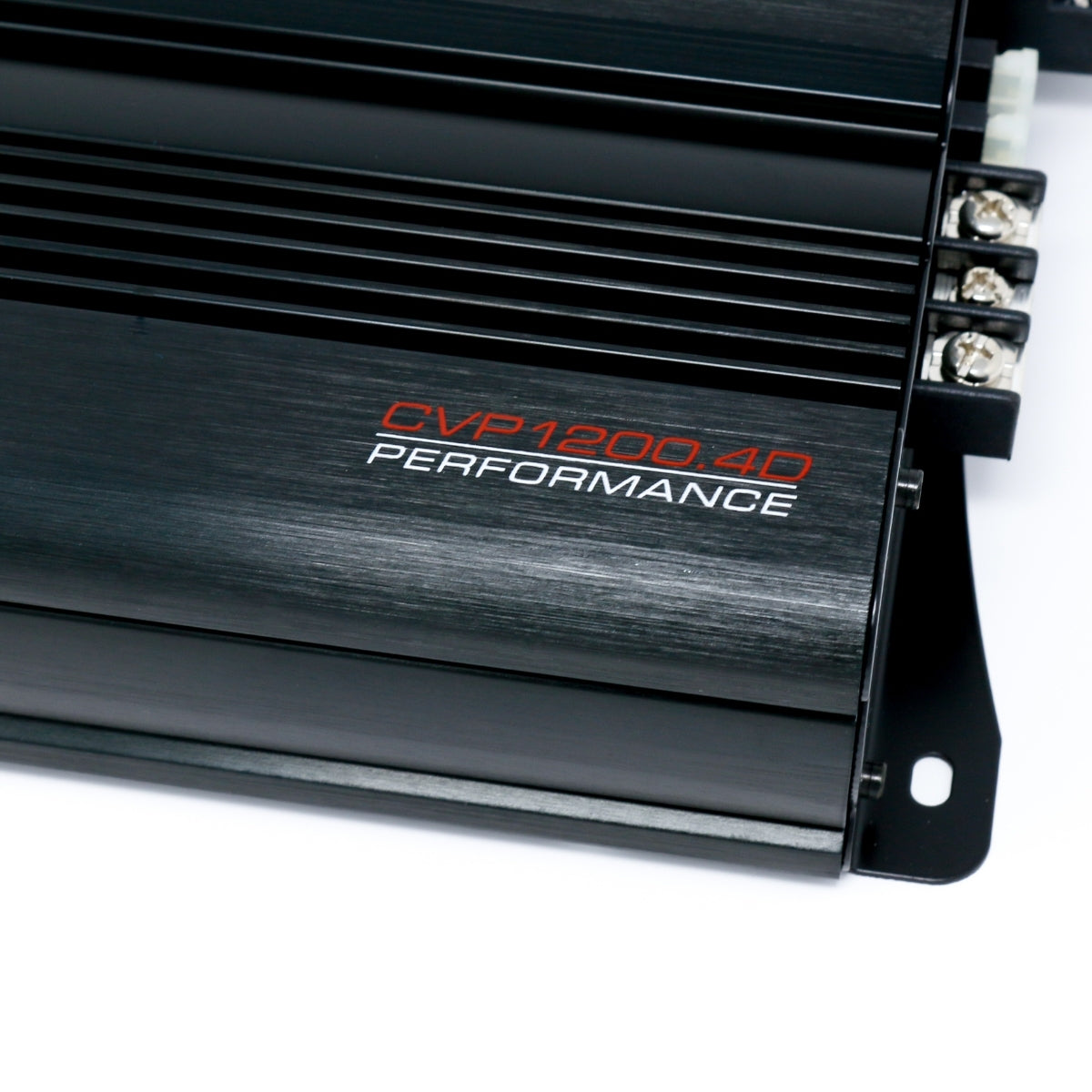 A close-up of the sleek black CVP SERIES 4-Channel Class-AB Amplifier - CVP1200.4D showcases grooved detailing. "CVP1200.4D PERFORMANCE" is printed in red and white, while three silver terminal connectors with screws highlight its modern design, a part of the Performance Series promising extreme bass delivery.