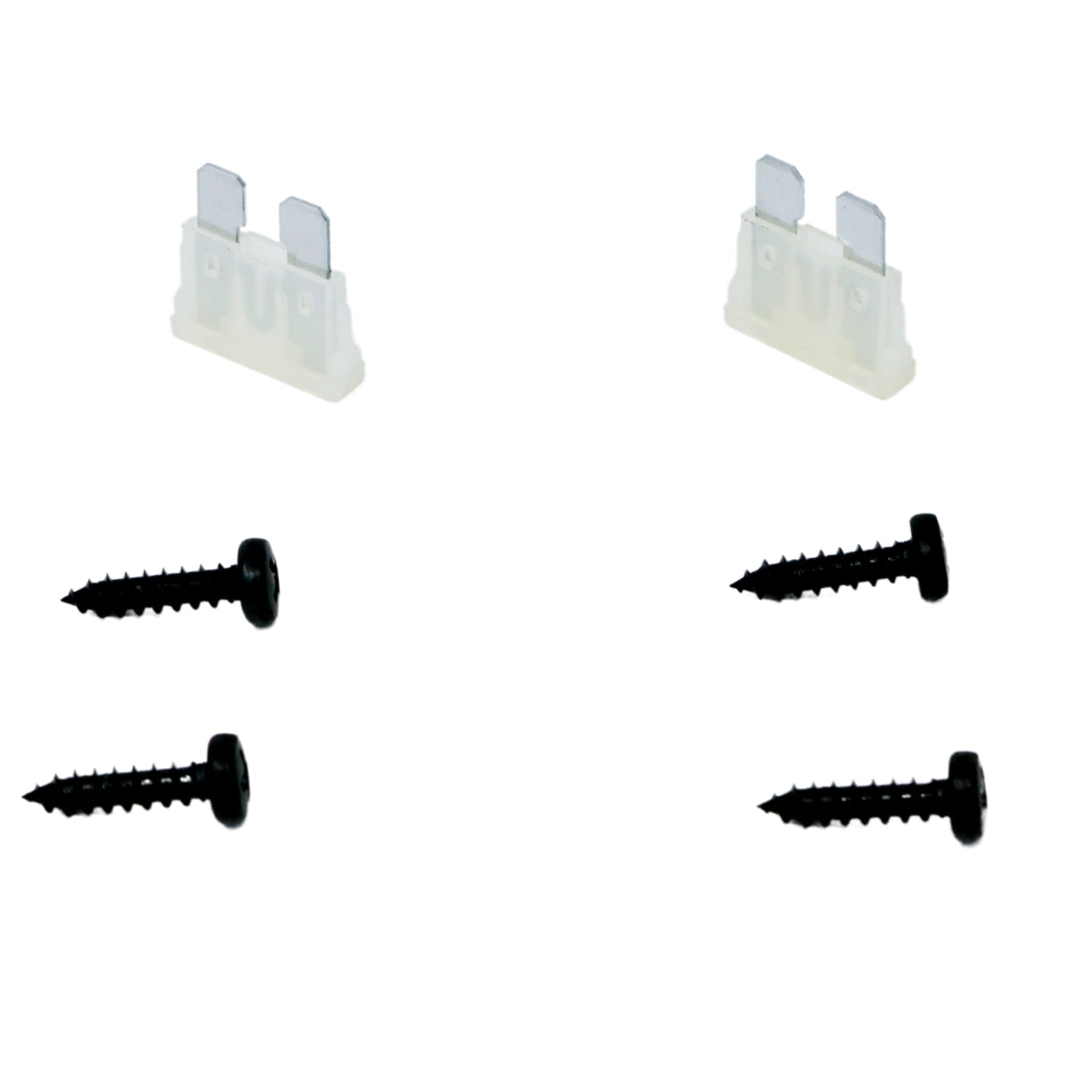 Two small white electrical fuses with metal prongs sit atop, perfect for the CVP Series 4-Channel Class-AB Amplifier - CVP1200.4D for that Extreme Bass. Below each fuse, two black Phillips screws align vertically on a white background, showcasing the precision of the Performance Series.