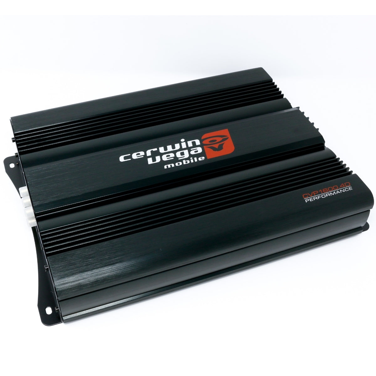 The sleek black CVP Series 4-Channel Full Range Class AB Amplifier (CVP1600.4D) by Cerwin Vega features extreme bass, precision engineering with "PERFORMANCE" on the side, ridged edges, and mounting brackets. Its top displays a white and red "Cerwin-Vega Mobile" logo.