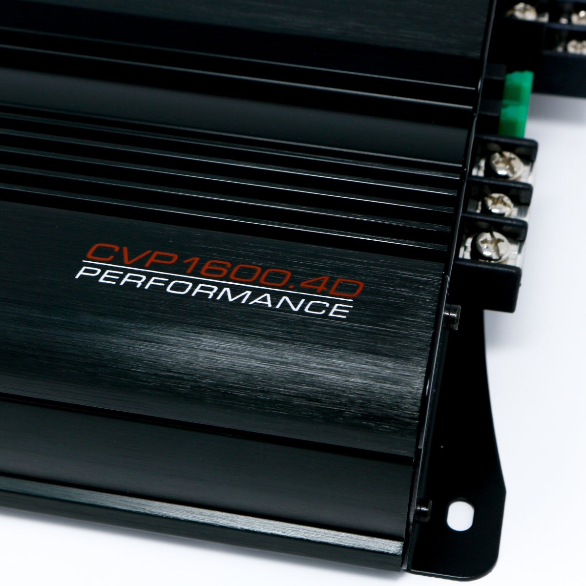 Close-up of a black Cerwin Vega CVP Series 4-Channel Class AB Amplifier - CVP1600.4D with metallic finish, showcasing its extreme bass capabilities. The model name in orange and "PERFORMANCE" in white emphasize precision engineering, with multiple connection terminals indicating sleek design.