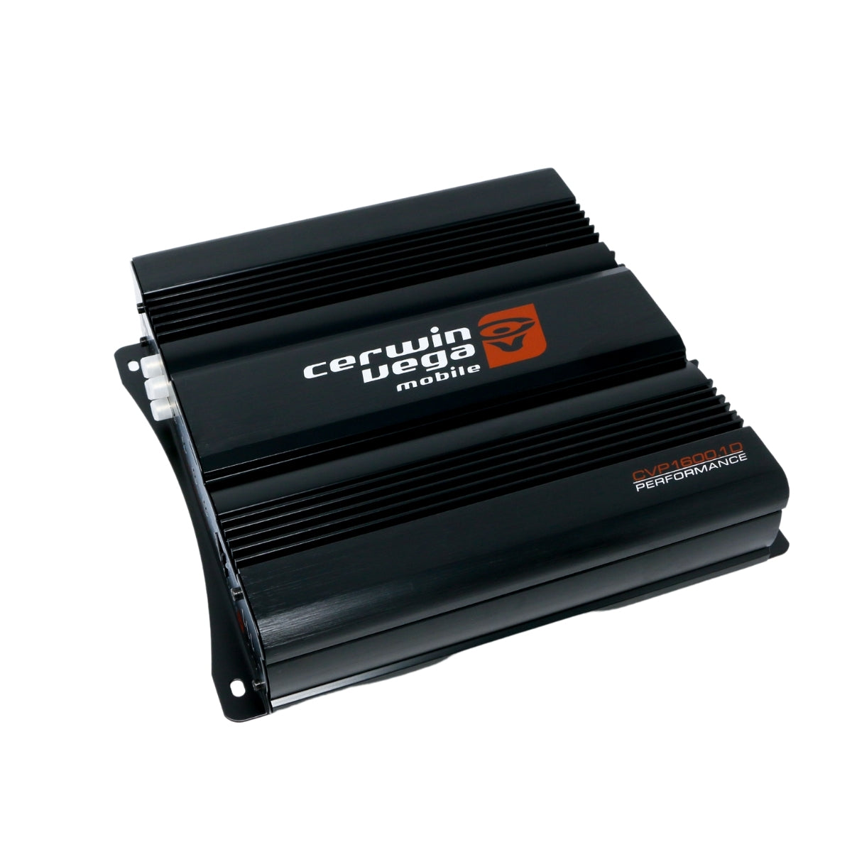 The Cerwin Vega CVP1600.1D is a black 1-Channel Class AB mobile amplifier, with a ridged design, red logo, and cooling fins. It prominently features "CERWIN VEGA mobile" and "RVAAROCAR PERFORMANCE," delivering extreme bass for car audio systems in its sturdy rectangular form.