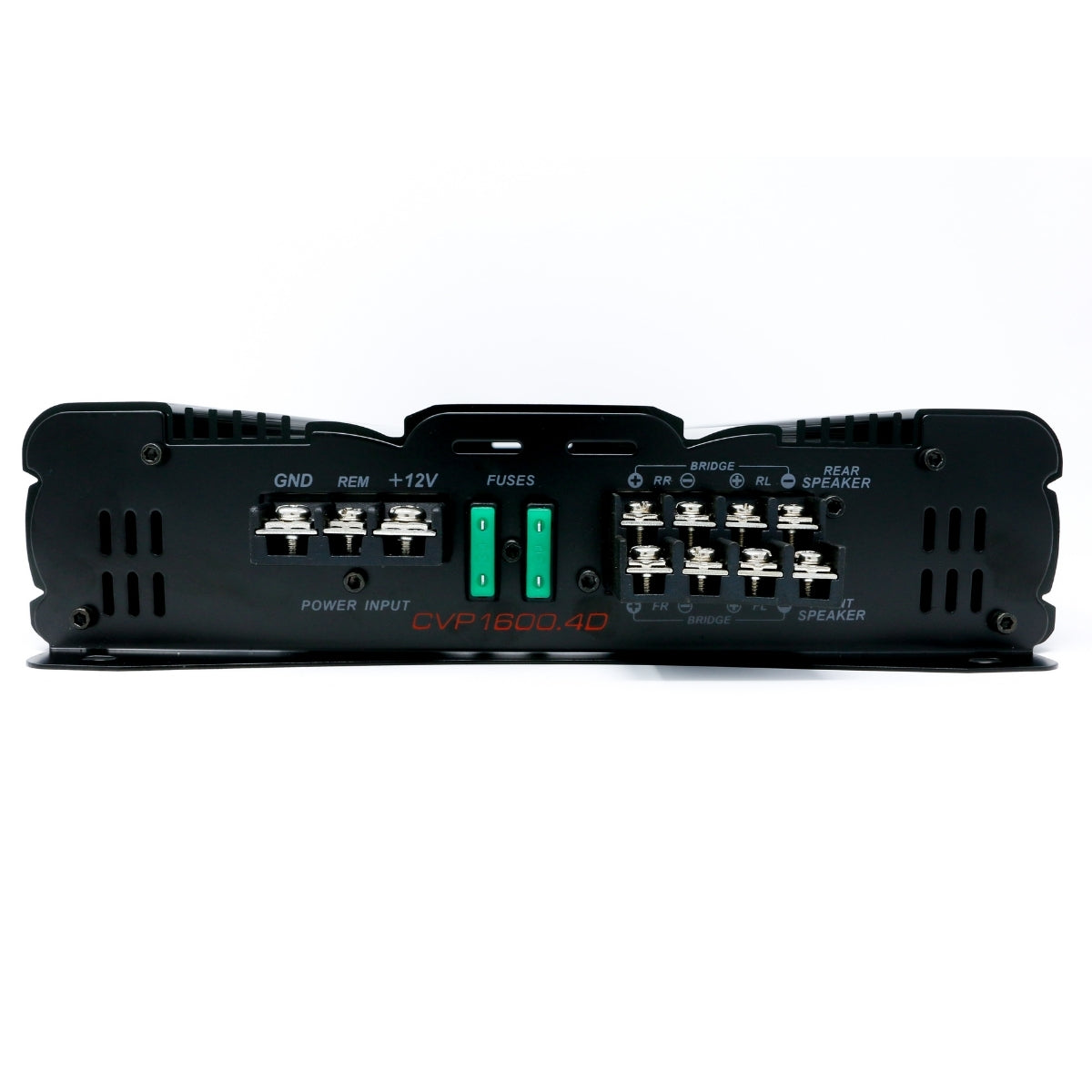 The Cerwin Vega CVP Series CVP1600.4D amplifier displays precision engineering with its back panel layout, featuring ground, remote, and +12V power terminals on the left, a green fuse in the center, and multiple speaker connections for bridge and extreme bass outputs on the right.