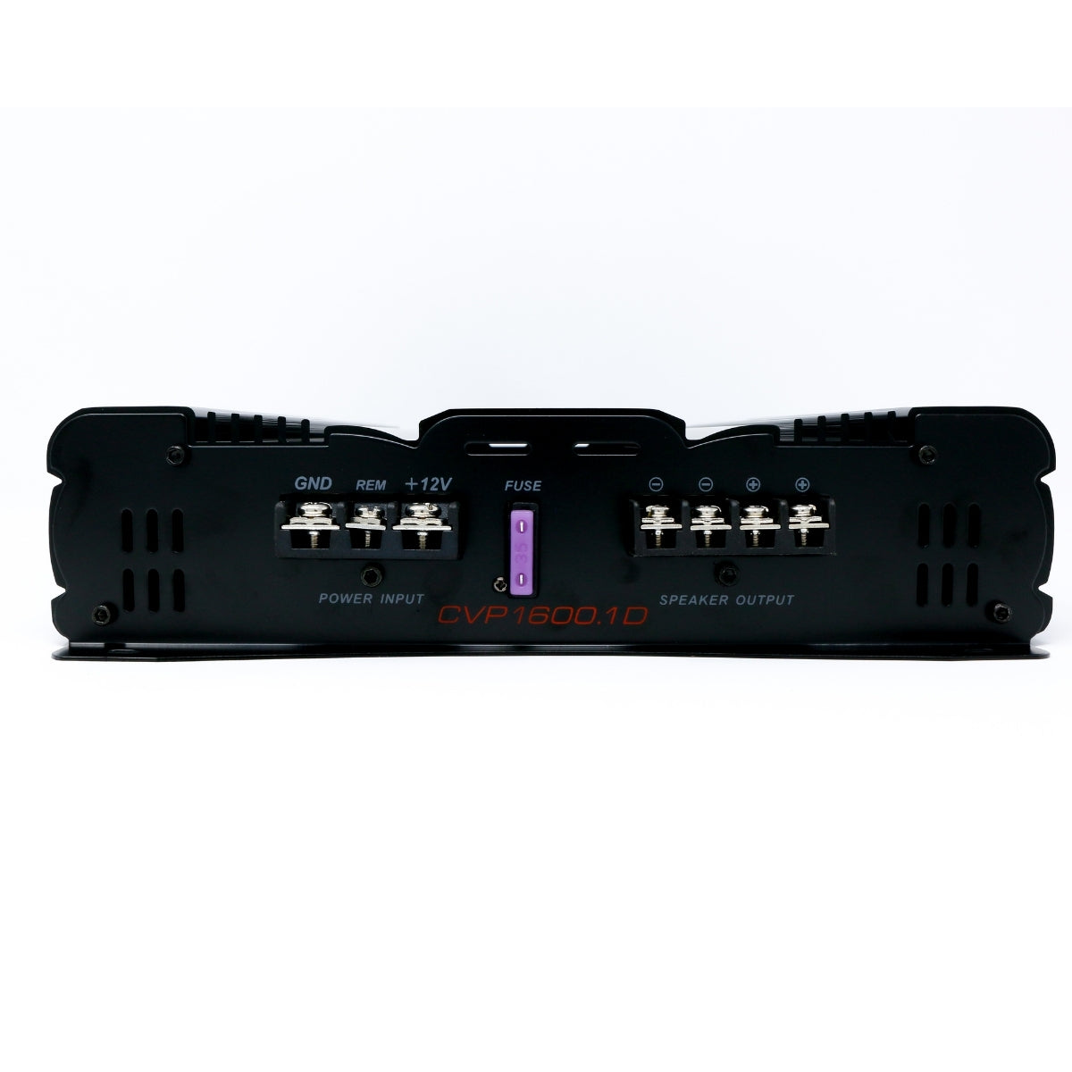 The Cerwin Vega CVP Series 1-Channel Class AB Amplifier (CVP1600.1D) sports a sleek black rectangular design with "CVP1600.1D" marked in red, featuring extreme bass capabilities, four labeled fuses, multiple ports, and ventilation slits on the top edge for optimal performance.