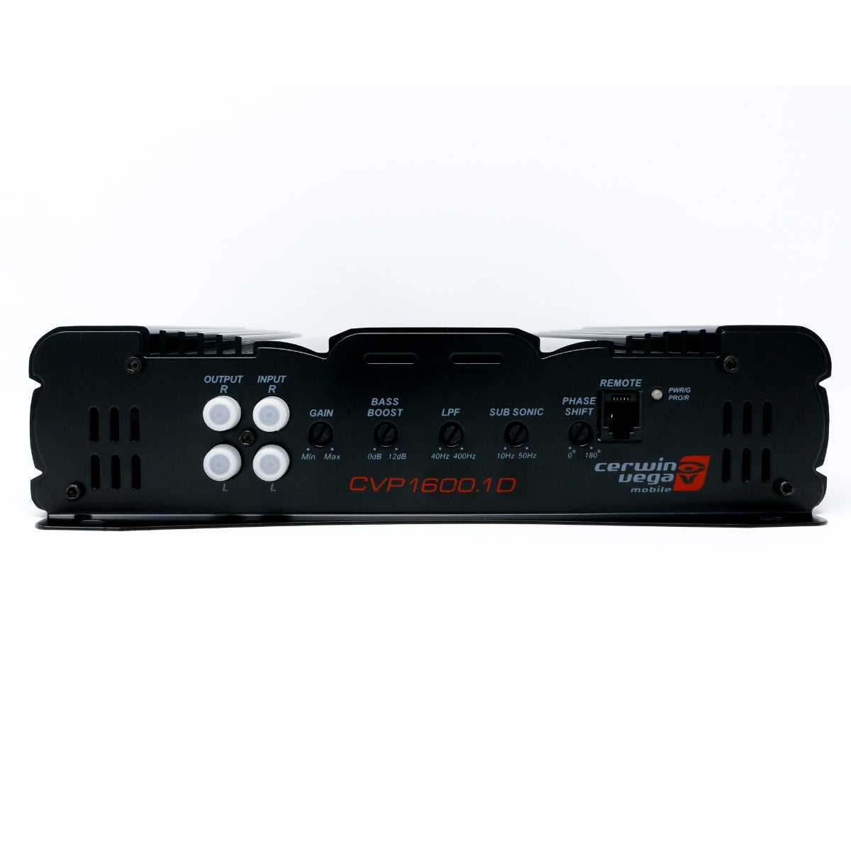 The CVP1600.1D from Cerwin Vega's CVP Series is a 1-channel Class AB amplifier with a sleek black exterior, featuring front controls for gain, bass boost, LPF, and subsonic. It has white knobs and connectors on the left side with "CVP1600.1D" labeled in red text.