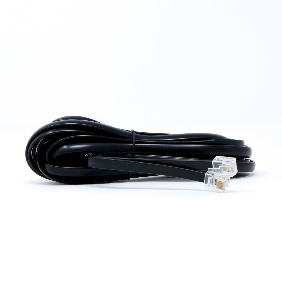 A black coiled telephone cable with RJ11 connectors and transparent casings, set on a white background, recalls the precision of the Cerwin Vega CVP Series CVP1600.1D Class AB Amplifier.