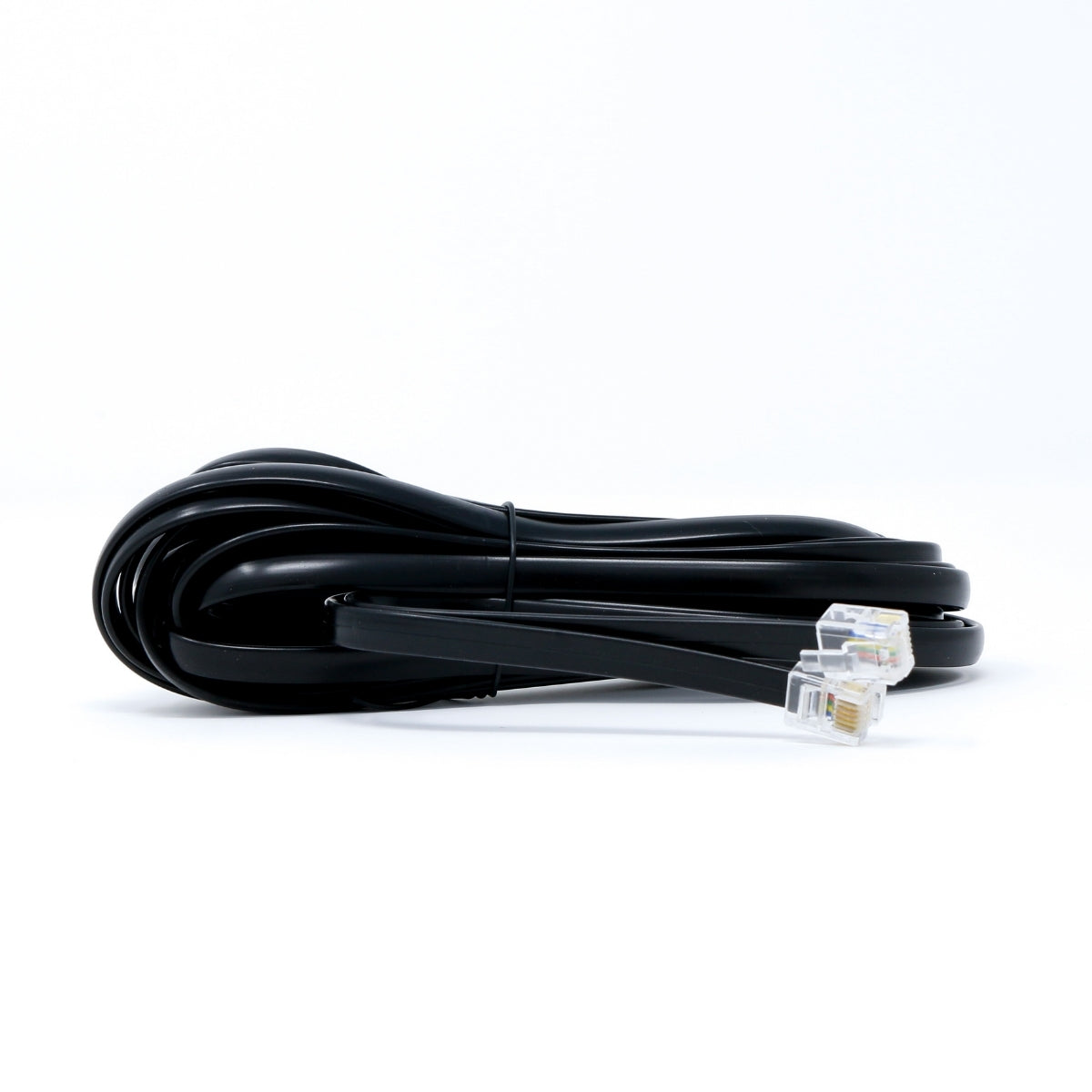 A coiled black telephone cable with an RJ11 connector against a white background is neatly looped and secured with a small black tie, similar to the engineering precision in Cerwin-Vega's CVP Series 1-Channel Class AB Amplifier - CVP2000.1D, highlighting the transparent connector with gold contacts.