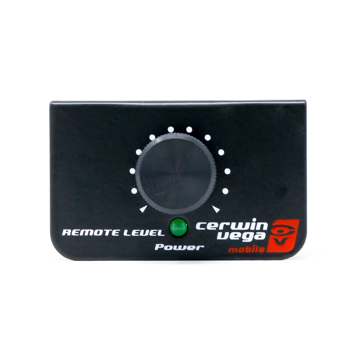 The black rectangular bass control knob for the Cerwin Vega Mobile integrates smoothly with your CVP2500.5D setup. Featuring a central dial encircled by white level dots and "REMOTE LEVEL" text, it ensures precise bass control with a green LED indicator and bold red-and-white logo.