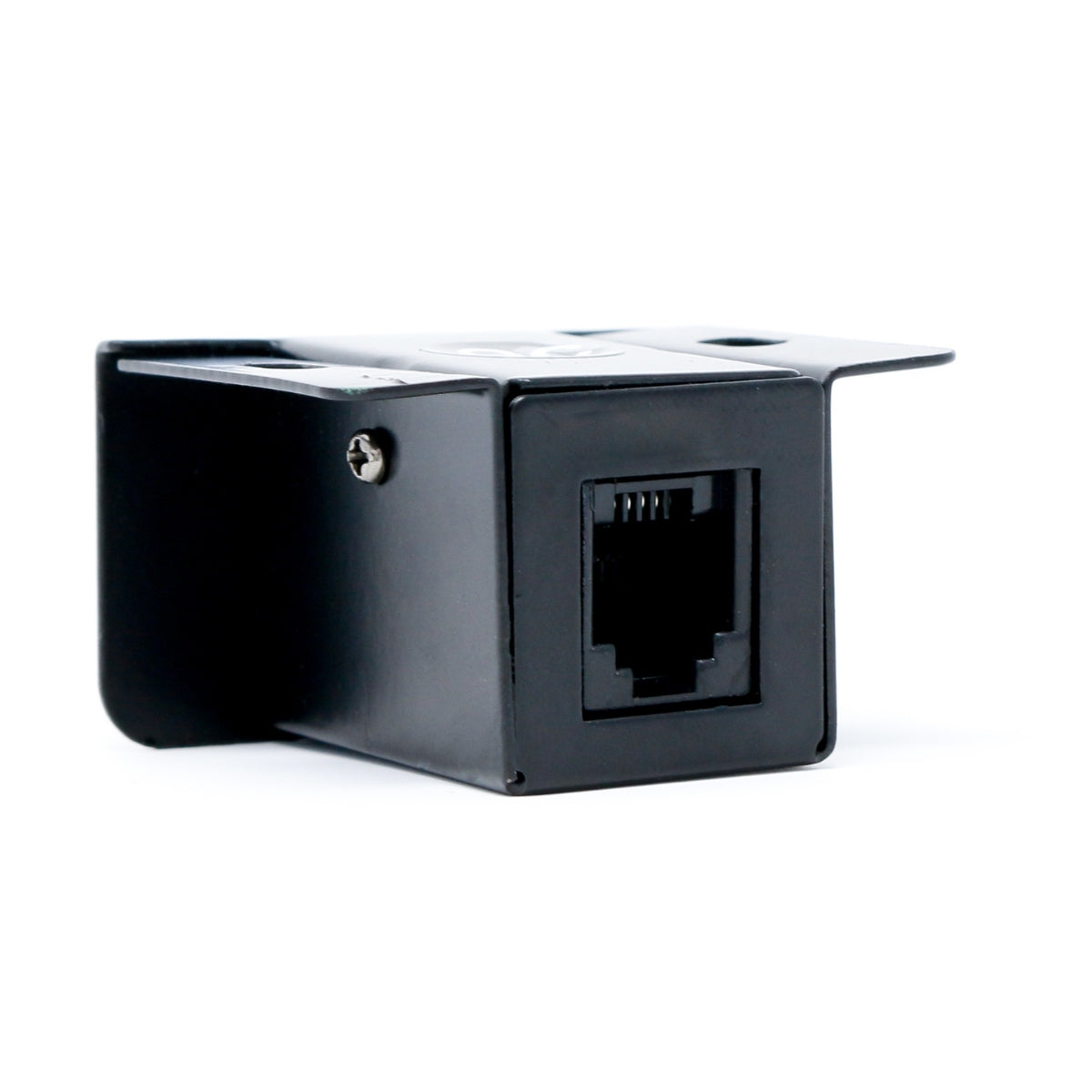 A black RJ45 wall mount bracket with a single Ethernet port is displayed at an angle, highlighting its sturdy build. Perfect for secure connections, it pairs well with high-performance setups like the Cerwin-Vega CVP2500.5D amplifier or an extreme bass audio system.