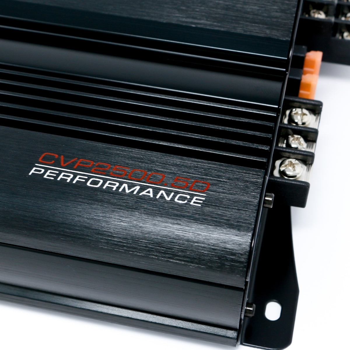 Close-up of a black CVP Amplifiers unit featuring "CVP2500.50 PERFORMANCE" in red text. It has horizontal ridges and visible metal terminal connections on the right, secured with screws, and a metallic finish with reflective sleek design elements.
