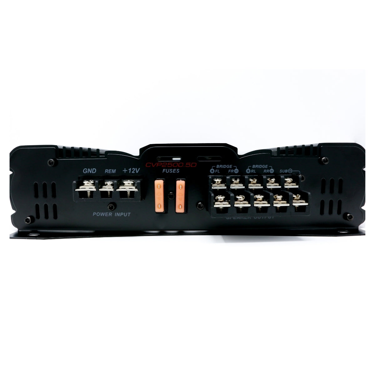 The image displays a CVP Amplifiers black car audio amplifier featuring labeled terminals and inputs, including GND, REM, +12V power inputs, three fuses, and speaker outputs marked CH4, CH3, BRIDGE, GND, CH2, CH1, and SUBWOOFER. The model number is CVP2000.5D.