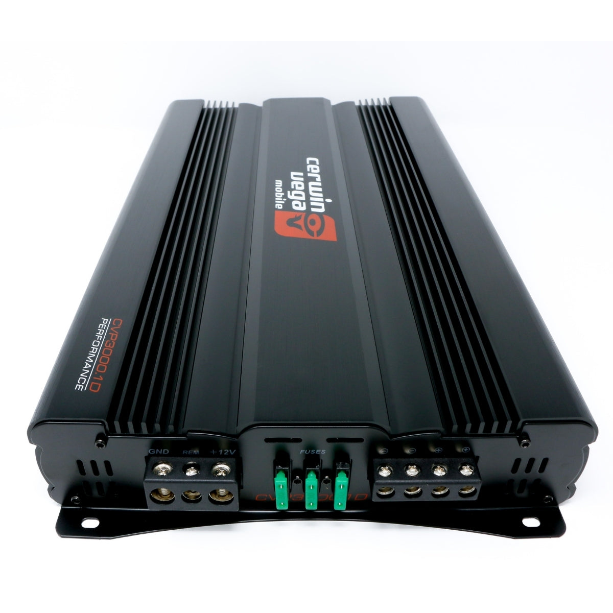 The CVP Amplifiers feature a sleek black design with a top displaying the "Digital Designs DD Audio" logo. The front panel includes labeled power, ground, and speaker terminals, while the sides have ridged fins for effective heat dissipation.