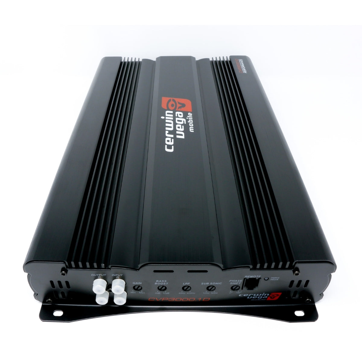 The CVP Amplifiers by Cerwin Vega feature a sleek black, rectangular design with the brand's red and white logo on top. The front panel includes various control knobs and input ports, while ribbed sides enhance heat dissipation. A sturdy metal casing ensures durability.
