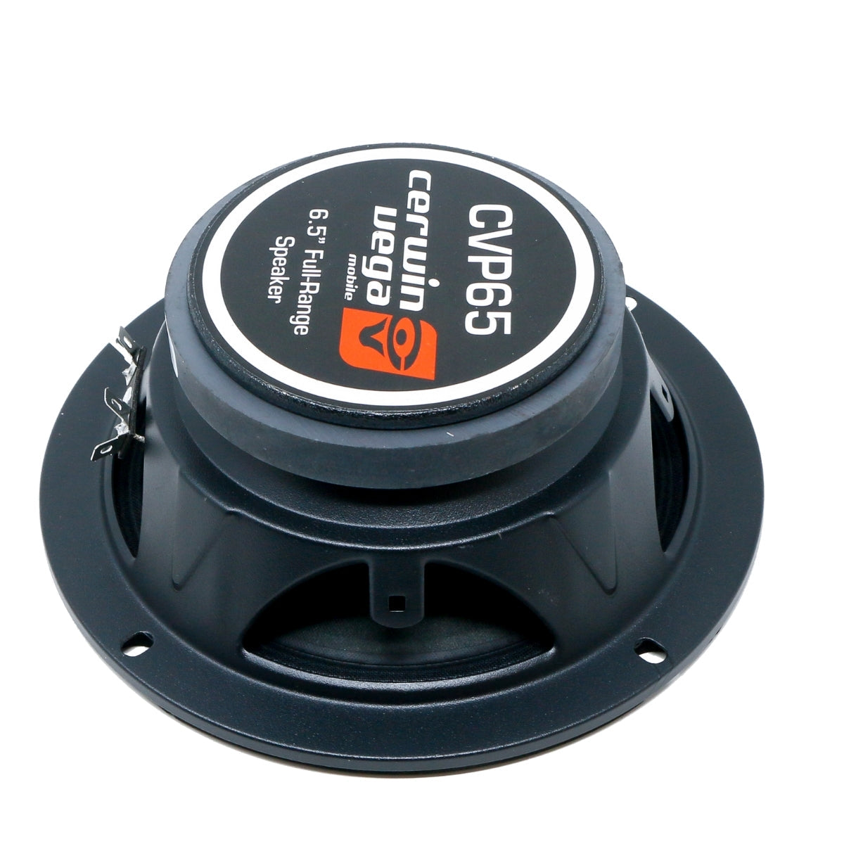 The image shows a Cerwin Vega Pro Series 6.5" Full Range Speaker (CVP65) in black, designed for Pro Audio fans. It features a circular design with "CVP65" prominently displayed and visible silver terminals, set against a plain white background, promising impressive SPL output.