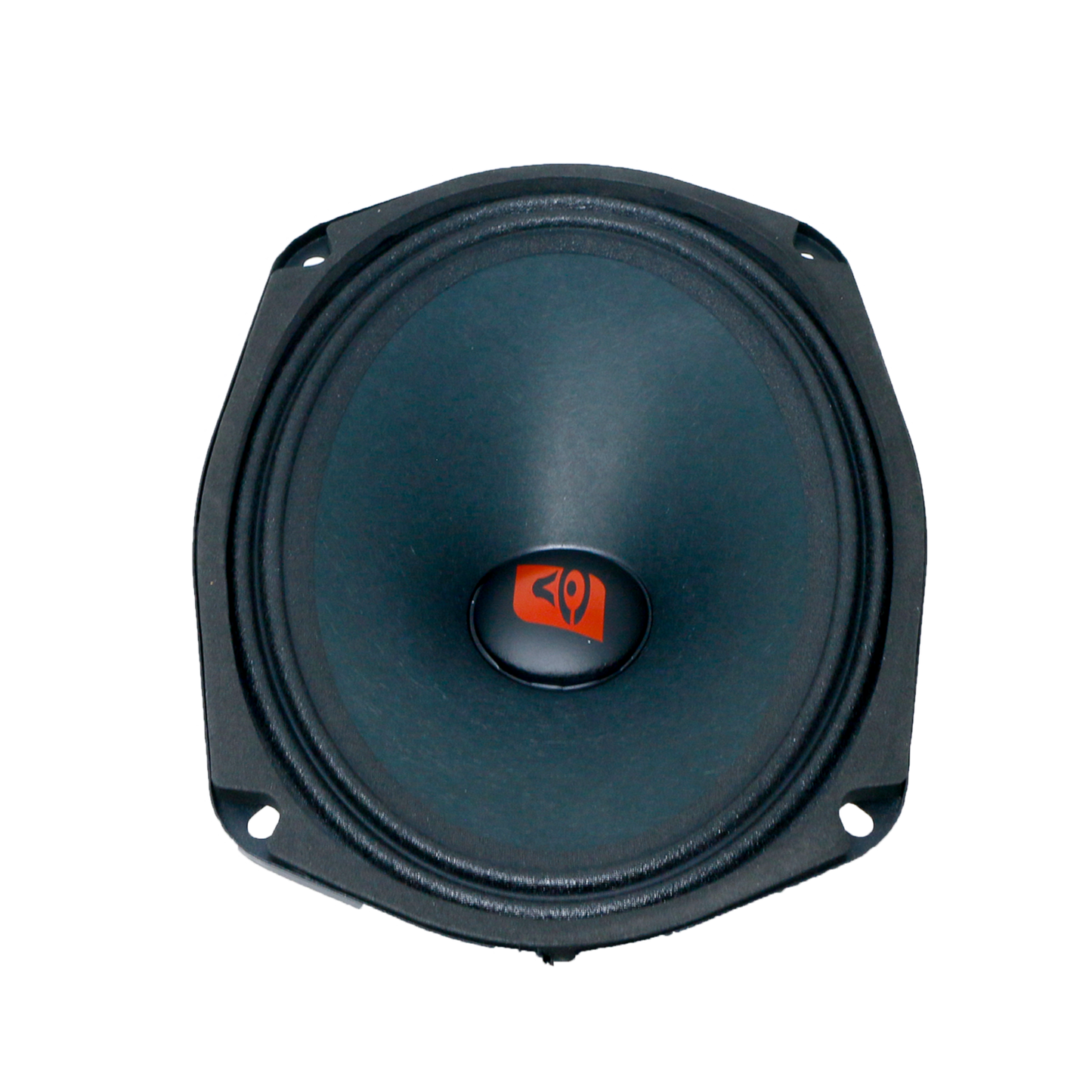 The Pro Series 6"x9" Full Range Speaker - CVP69 is a single speaker featuring a black cone with a central dome and red emblem. It has a sturdy black frame, four mounting holes, and an octagonal shape with angled sides that deliver professional audio power.
