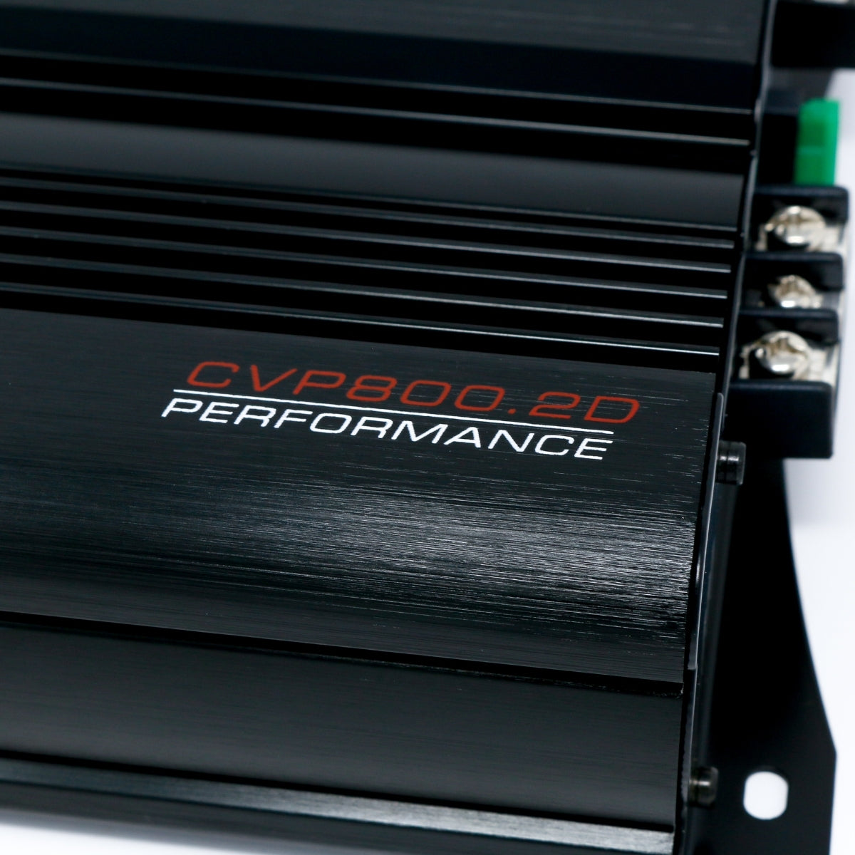 Close-up of a Cerwin-Vega 2 Channel Bridgeable Class AB Amplifier, "CVP800.2D", with sleek black finish and red/white text. Features robust metal lines for extreme bass, three metal terminal connectors on the right, and a partially visible green component.