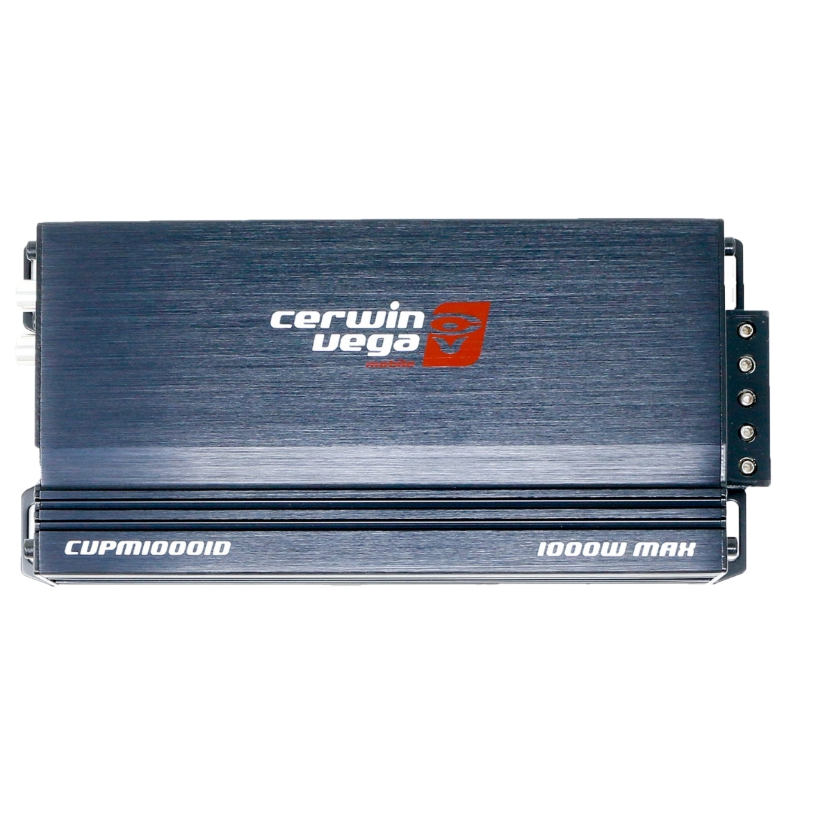 Image of a Cerwin Vega CVPM Mini-Series 1-Channel Mono Block Class-D Amplifier. This CVPM1000.1D Class-D amplifier is rectangular with a sleek dark gray finish, featuring "Cerwin Vega" and "1000W MAX" in silver, visible connection ports, and embossed detailing for enhanced texture.