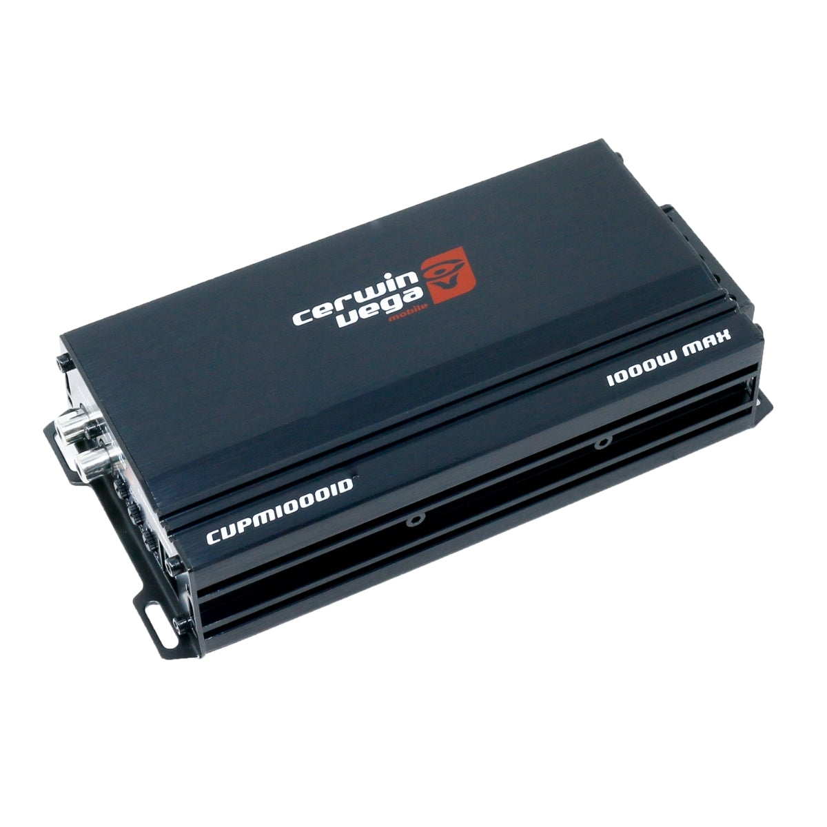 The CVPM Amplifiers model "CVPM1000.1D" is a black car amplifier labeled "1000W Max," featuring a rectangular shape with cooling fins on its sides and visible terminal connections on one end.