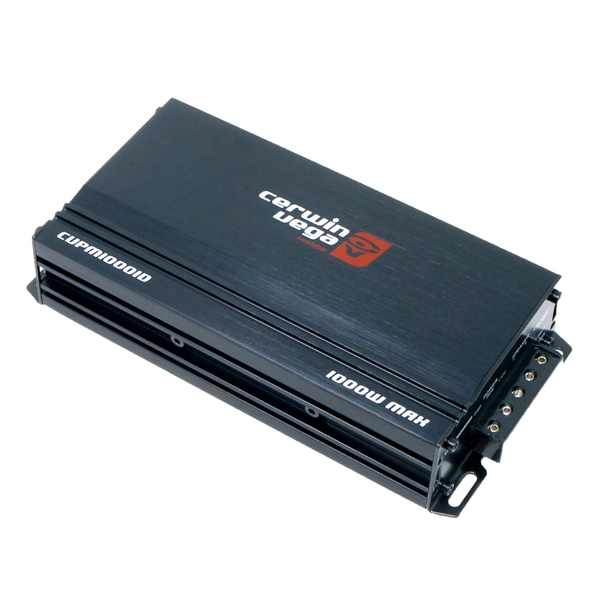 The CVPM Amplifiers have a sleek black design featuring white text "Cerwin Vega," "1000W MAX," and "CXPM1000D." It includes side ports for connectivity and is compact and rectangular, perfect for enhancing vehicle sound systems.