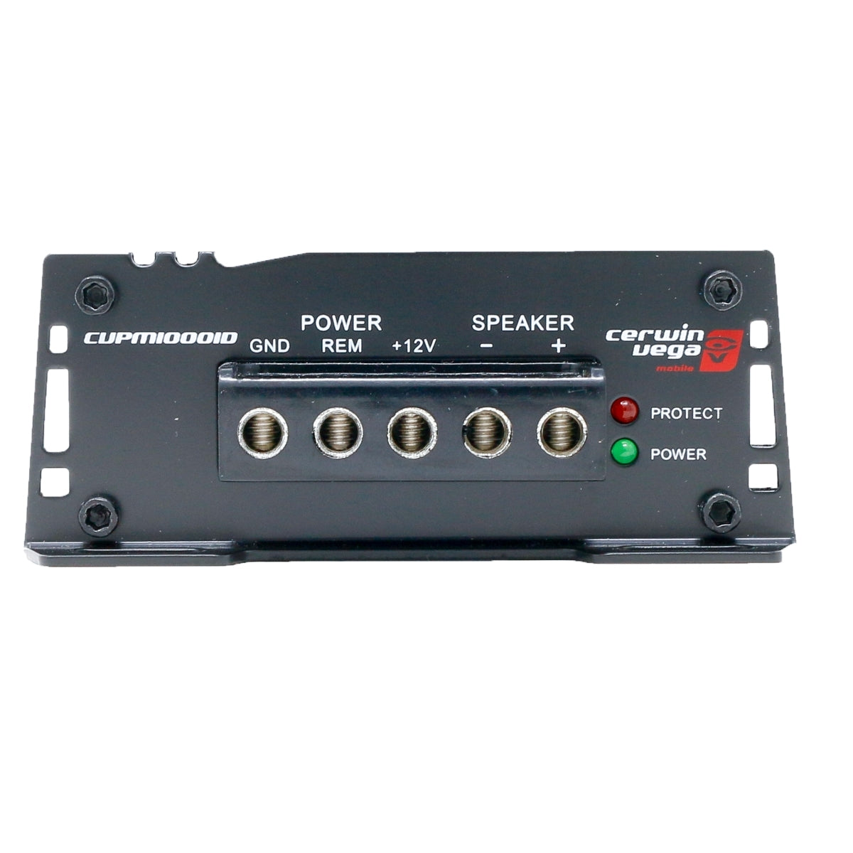 Close-up of a CVPM Mini-Series 1-Channel Mono Block Class-D Amplifier labeled "CVPM1000.1D," showing "GND," "REM," "+12V" ports, and speaker outputs. Red and green indicator lights for "Protect" and "Power" are visible, with the brand logo on the right.