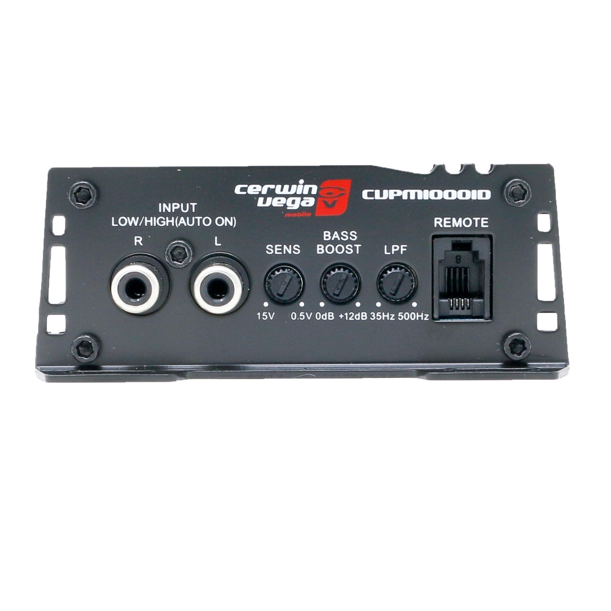 The black CVPM Mini-Series 1-Channel Mono Block Class-D Amplifier (CVPM1000.1D) features two audio input jacks, a sensitivity adjustment, bass boost knob, low-pass filter dial, and remote connector with labels "INPUT LOW/HIGH," "SENS," "BASS BOOST +12dB," and "LPF 35Hz 500Hz.