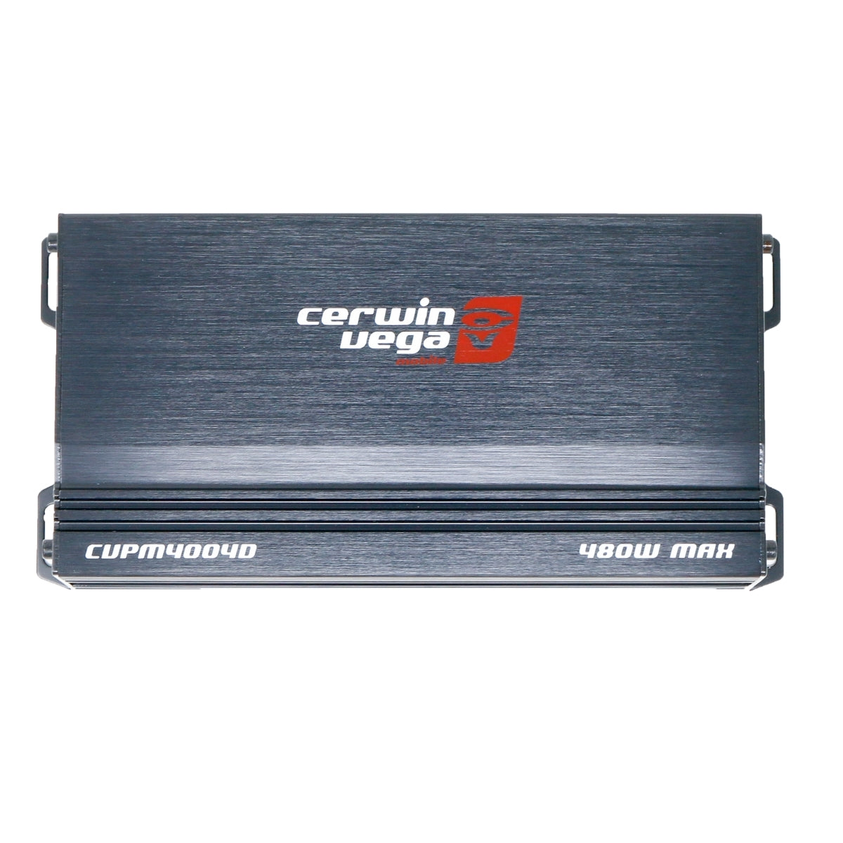 The black CVPM Amplifier has a brushed metal finish with a white and red logo on top, showcasing the model number "CUPMY4004D" and "480W MAX" in white text on its rectangular front face. It includes mounting brackets on each side.