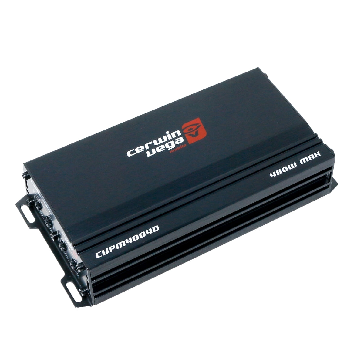 The CVPM Amplifiers model CUPM1000D is black, with a red and white Cerwin Vega logo on top and "480W MAX" on the side. It has a rectangular shape, metallic finish, and visible mounting brackets.