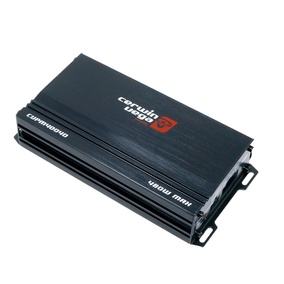 The rectangular CVPM Amplifier is black with silver accents, featuring the "Cerwin Vega" brand and a red logo on top. The model name "400W MAX" is displayed on one side.