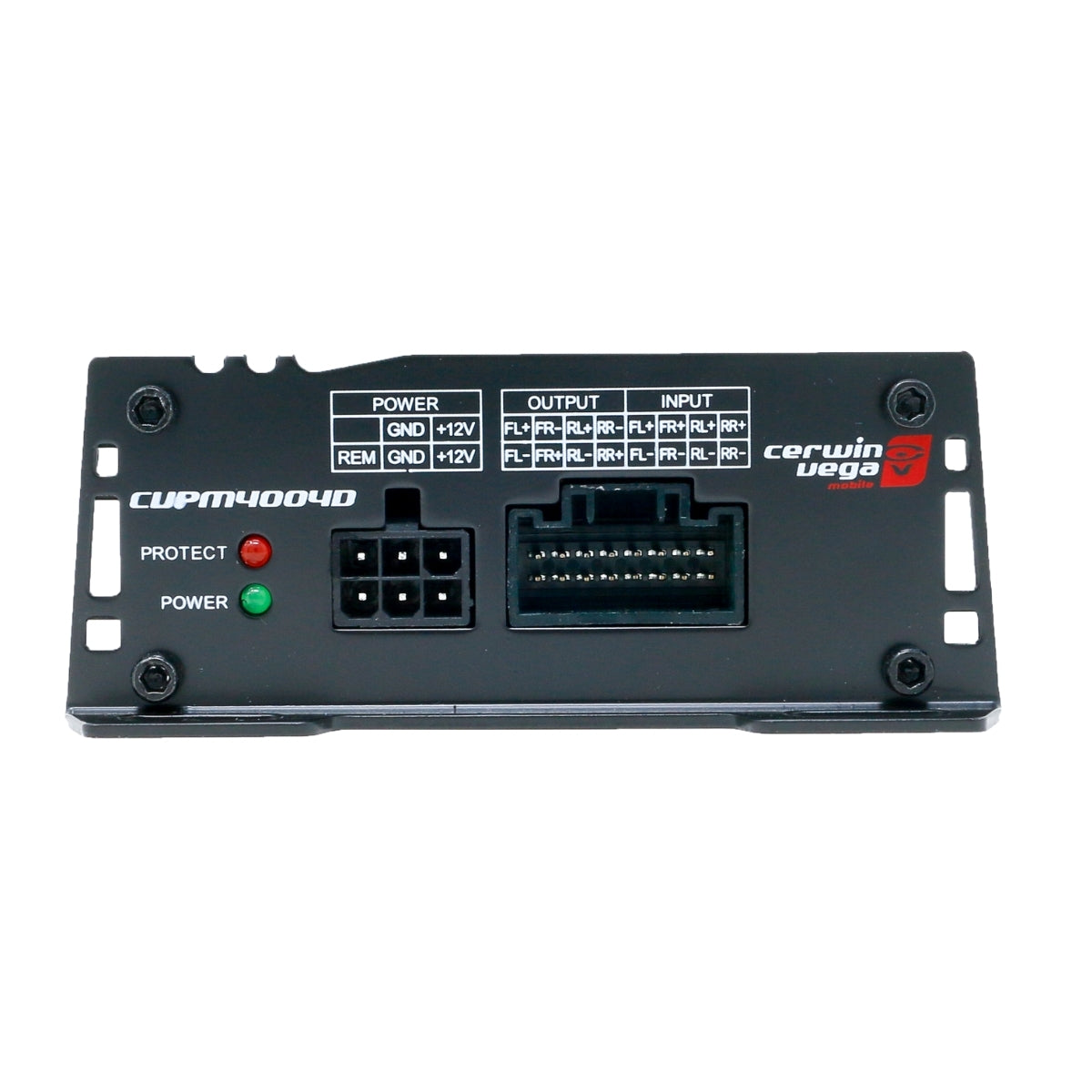 Black amplifier control unit labeled "Cerwin-Vega" with a central multi-pin connector, smaller 8-pin connector on the left, and power/ground connections. Part of the CVPM400.4D Mini-Series, this 4-channel amplifier includes unlit "Protect" and red "Power" indicators.