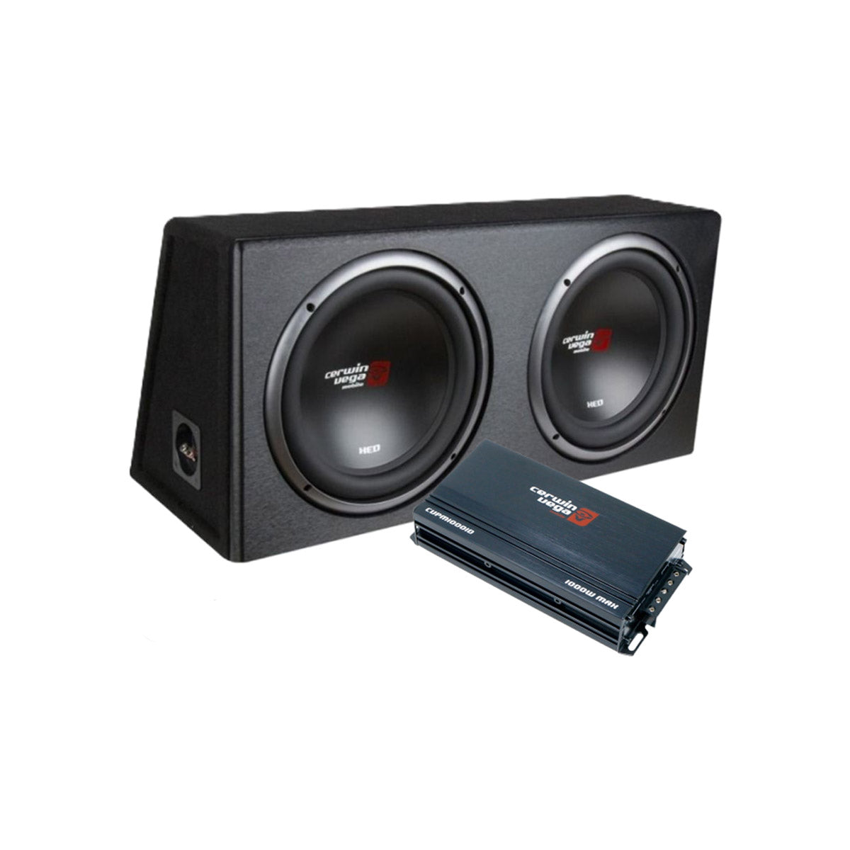 The Bass Package CVPMXE10 includes a vented enclosure with two large 10" subwoofers for deep bass, and a compact black 500W RMS mono amplifier featuring silver text. The box is black, carpeted, and has a logo with stylized red and white text on a white background.
