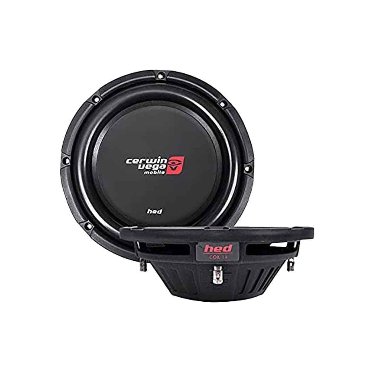 A round black car subwoofer from the HED Series by Cerwin Vega Mobile, featuring "Cerwin Vega Mobile" and "HED" logos on the cone. The front view highlights the speaker cone with a protective rim, while the side view shows ventilation slots and a mounting ring. It's isolated on a white background.