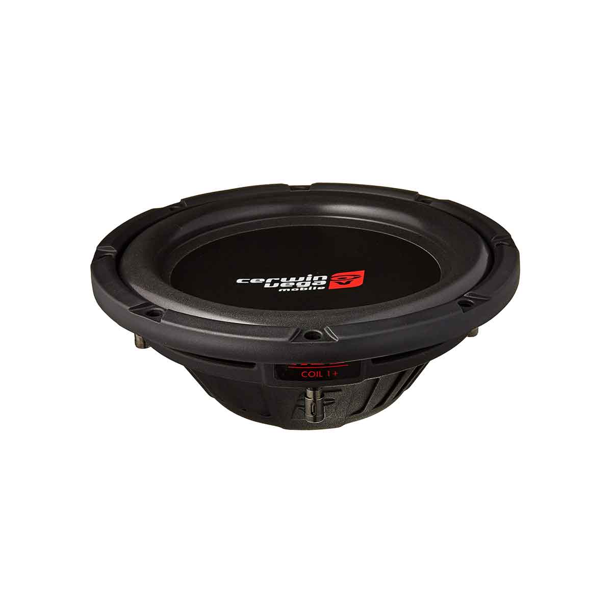 The HED Series 10" Shallow Dual Voice Coil Subwoofer (HS102D, 2Ω) features a sleek black cone with the Cerwin-Vega logo in red and white. It is encased in a detailed black frame with mounting holes, has a dual voice coil design marked "COIL 1+," and is surrounded by durable black rubber.