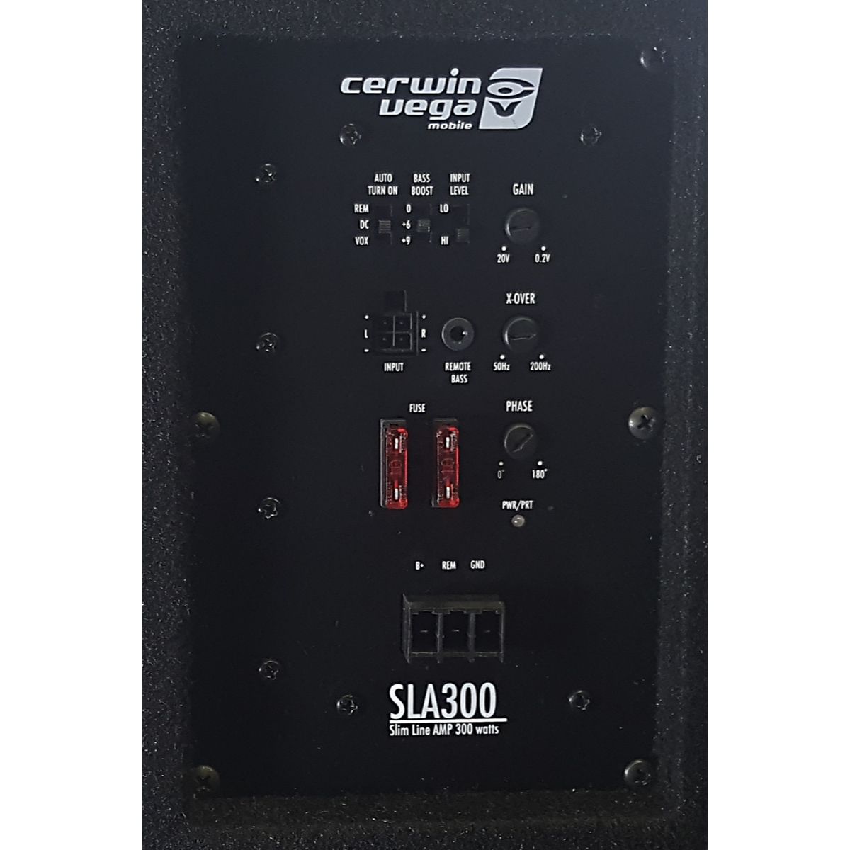 Close-up of a Cerwin Vega HED 10" Powered Subwoofer Vented Enclosure (H6TE10SV) panel, ideal for enhancing bass. It features gain, crossover, and phase controls with a power LED and terminals for seamless integration.
