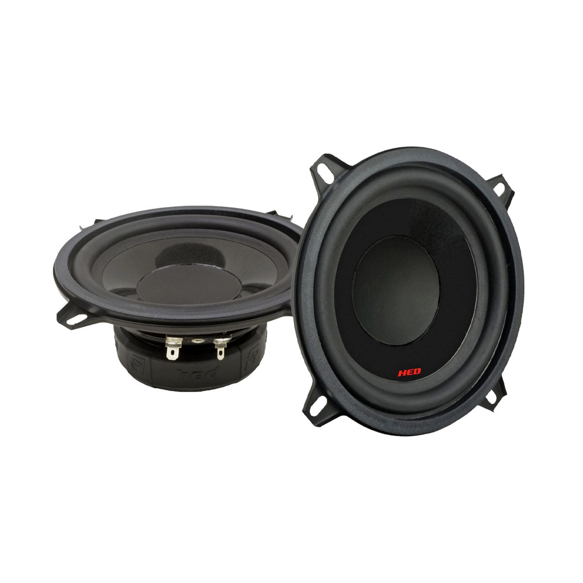 Two black, round HED Component Speakers are displayed. One stands upright, showcasing its front with a red "HED" logo and shiny cone, while the other is tilted on its side, highlighting the metal casing and electrical terminals. Both feature a smooth black frame and appear identical.