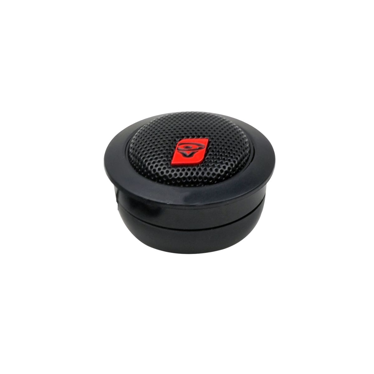 The Cerwin Vega HED Series 5.25" 2-Way Component Speakers (H7525C) boast a round black design with a fine mesh grille and red logo, slightly recessed in its plastic casing for an enhanced audio experience. Set against a white background, it stands out distinctly.