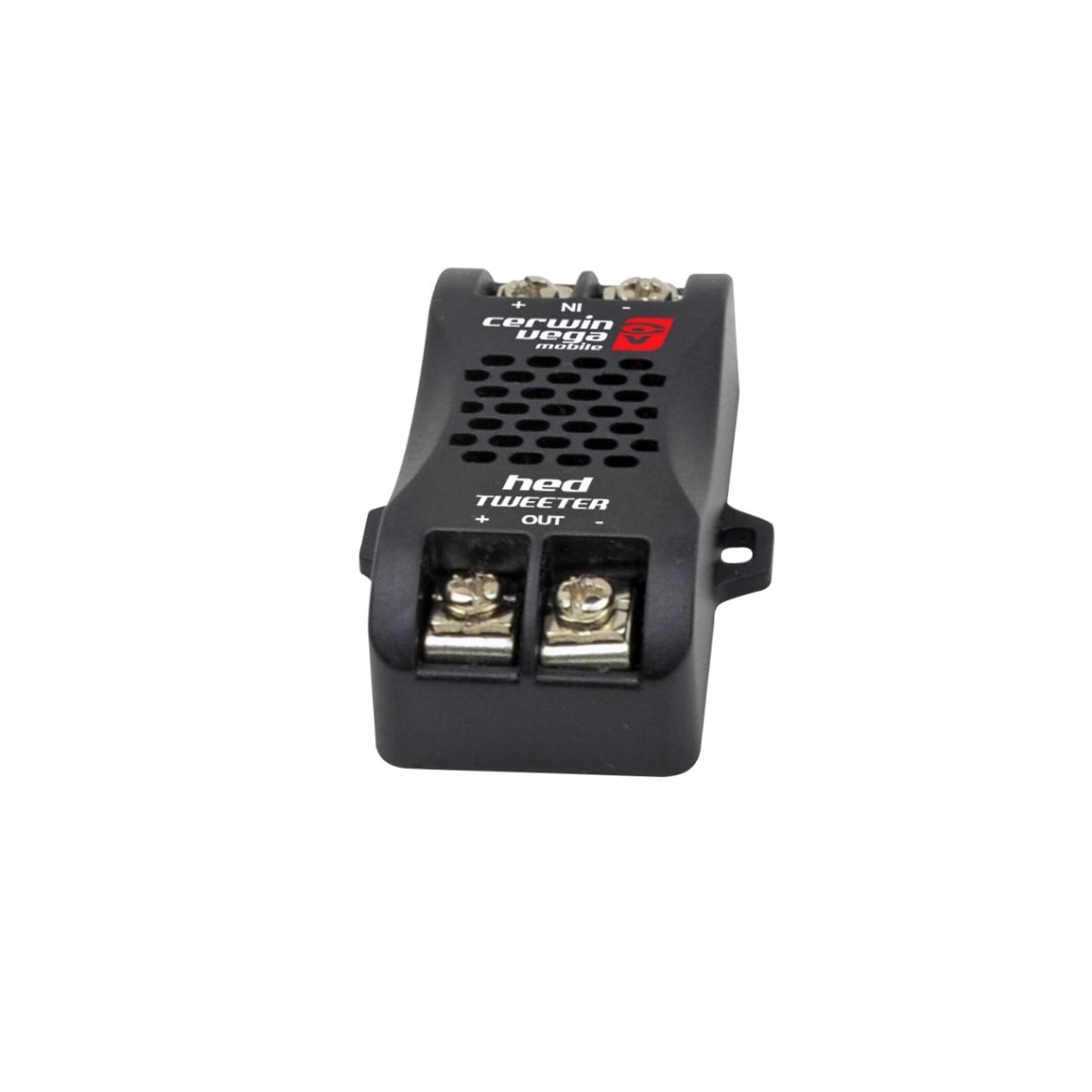 The image displays a HED Component Speaker crossover from Cerwin Vega in black, featuring a perforated curved top with "IN" and "OUT" labeled terminals at the bottom. The design also includes small side mounting holes.