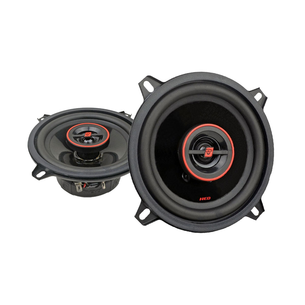 Two round black HED Coaxial car audio speakers have red and black accents. One is tilted, showcasing a side view with a visible magnet. The central cone drivers display "HED" branding, and both feature red rings with silver hardware elements.