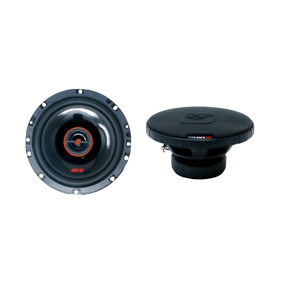 Close-up of HED Coaxial car audio speakers on a white background: left speaker features a black cone with red ring and "HED" text within a circular frame; right speaker is side-viewed, displaying black grille cover and bottom connector.