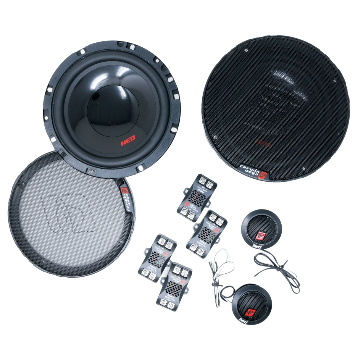 The HED Series 6.5" 2-Way Component Speaker System - H765C is displayed on a white background, featuring two large round speakers, multiple small rectangular Cerwin-Vega crossovers, and small round tweeters. Black components with red and white branding accents complete the design.
