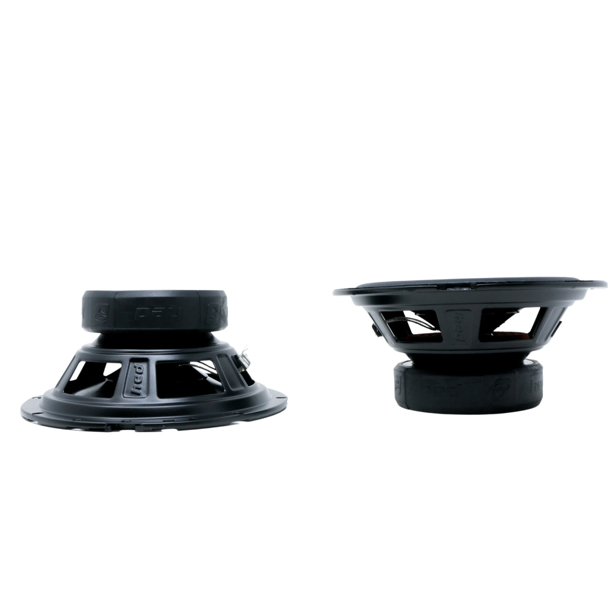 Two black HED Series 6.5" 2-Way Component Speaker System (model: H765C) speakers from Cerwin-Vega are displayed on a white background, with one upright showing its cylindrical shape and vented housing, and the other on its side highlighting its cone and magnet structure.