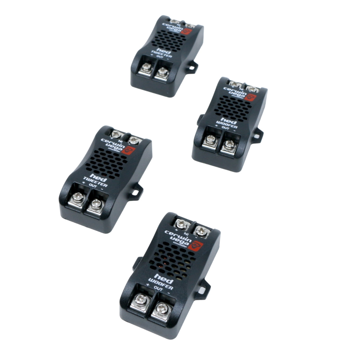 Four black electrical connectors with two metal screw terminals resemble components from the HED Series 6.5" 2-Way Component Speaker System - H765C. Rectangular with a perforated top, they feature a red logo and "need control" at varying angles on a white background.